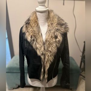 Faux Fur Collar Leather Look Biker Jacket